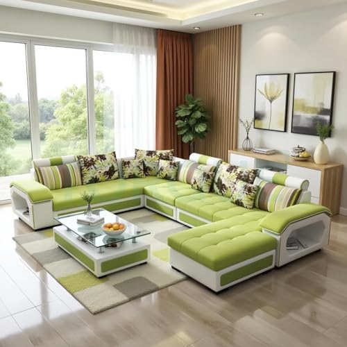 Image of Torque - Silvester 12 Seater Sofa Set for Living Room (Right Side, Lime Green & White) | Interchangeable U Shape Sectional Sofa with Puffy and Stool for Guest Room