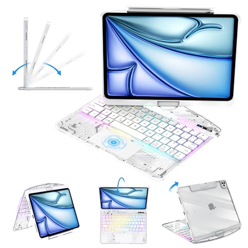 Image of Clear Keyboard Case for iPad Air 11 inch (M3 /M2, 2025 /2024), Air 5th /4th & Pro 11 inch 2022-2018, 360 Swivel with Wireless Bluetooth Multi-Touch Trackpad, 7-Color Backlit, Pencil Holder White