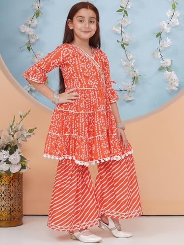 Image of Preneum Girl's Cotton Rayon Bandhani & Lahariya Printed Angrakha Kurta with Sharara & Dupatta