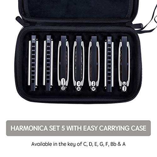 Focusound Thunder Harmonicas for Beginner Harmonica Set 7 Keys of C, D, E, F, G, A & Bb with Protective Case, Quick Start Harmonica Guide, harmonica stickers and Cleaning Cloth