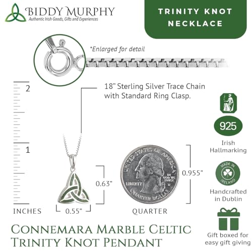 Biddy Murphy 925 Sterling Silver Celtic Trinity Knot Pendant & Connemara Marble Inlay, Traditional Irish Women's Jewelry Handcrafted by Ireland's Finest Artisan Jewelers, 18" Inch Chain3