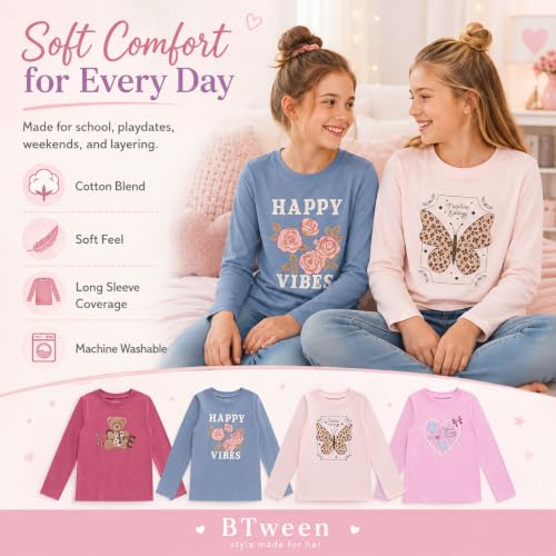 Image of BTween Girls 4 Pack Long Sleeve Graphic T-Shirts Cotton Blend, Fun Vibrant Designs