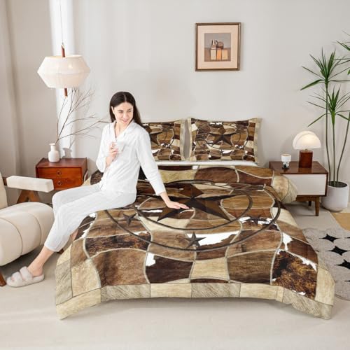Image of Western Texas Star Bedding Set Twin Cowhide Comforter Set Rustic Farmhouse Comforter Vintage Decor Rural Country Farmhouse Duvet Set Twin Size Quilt 2Pcs Boys
