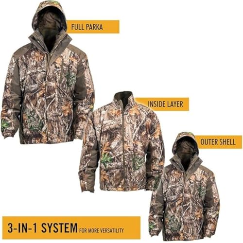 HOT SHOT Men’s 3-in-1 Insulated Realtree Edge Camo Hunting Parka, Waterproof, Removable Hood, Year Round Versatility, Large