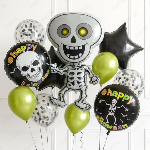 Image of AMFIN (Pack of 11) Halloween Skeleton Balloon Decoration Party Kit with Skeleton Foil Balloon, Happy Halloween Balloons, Green Chrome Balloons, and Black Confetti Balloons - Spooky Party Supplies