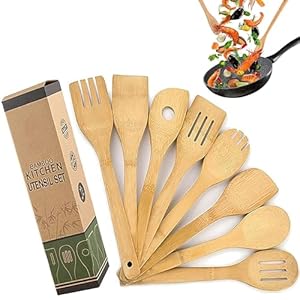 8 Stuks Bamboe Houten Keuken Kookgerei Set, Kookgerei set Bamboe, Spatel, Keuken Bakken Schuimspaan, Keukenspatels en Lepels, Spatelset, Bakspatels, Keuken Gerei