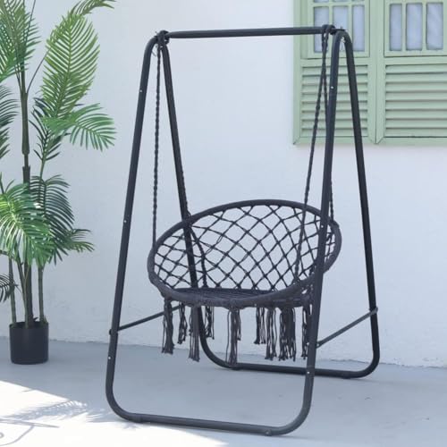 Image of Dolphy Hammock Chair | Stand with Backrest Hanging Swing Chair | Extended Macrame Hanging Cotton Rope Chair with a White Pillow for Adults, Kids | Indoor and Outdoor(Black)