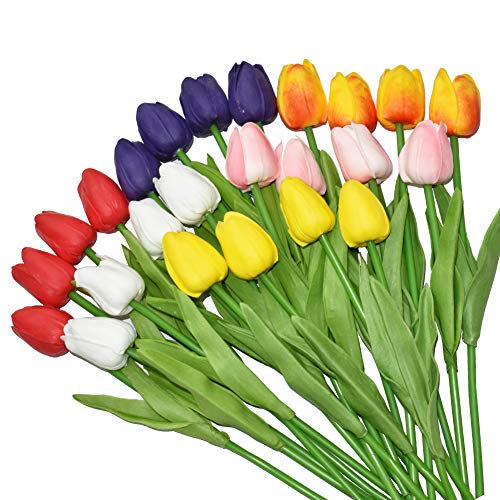 Plobach 30 Pcs Multicolor Tulips Artificial Flowers Fake Tulip Stems Real Touch Pu Tulips For Spring Wreath Wedding Bouquet Centerpiece Floral Arrangement Table Décor #TOP1