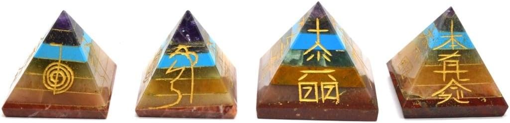 One (1) pc Natural Gemstone Seven Chakra Bonded Reiki Pyramid Hand Carved Pyramid 30-40mm Polished Reiki Engraved Symbol Pyramid Crystals Healing Individually Energy Charged Very Effective