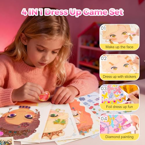 Jar Melo 4 in 1 Princess Art Craft Kits, Foil Crafts Art Fun & Gem Painting, Makeup Diamond DIY Activity, Dress Up Sticker Books,Travel Toys, Ideal Toys for Girls Ages 6 7 8+ Years Old - Image 6