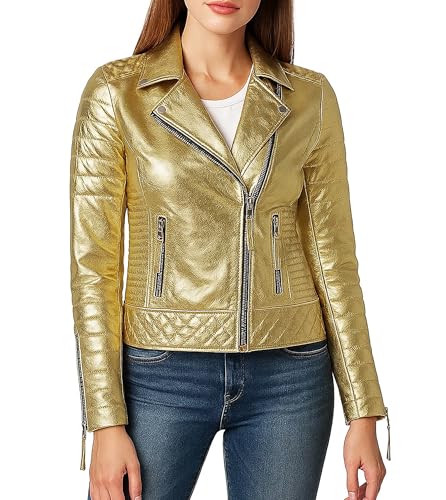 LP-FACON Womens Brando Quilted Punk Golden Foiled Metallic