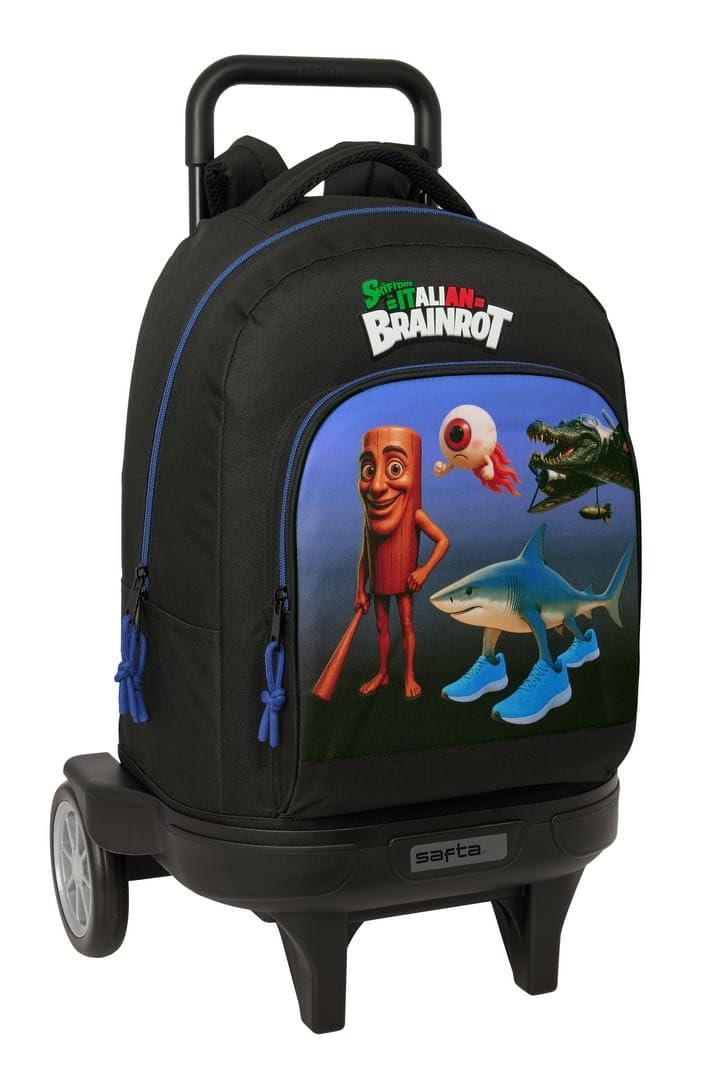Safta | Mochila Grande con Ruedas Brainrot Compact Evolution Extraíble, Carro Integrado 93 cm, Lavable, Gran Capacidad, Espalda y Hombreras Acolchadas, Portabotellas, Medidas 33x22x45 cm