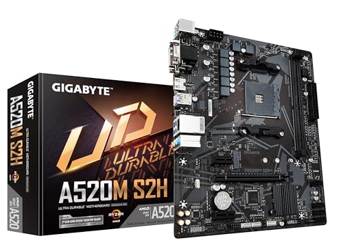 GIGABYTE Placa Base A520M S2H – Soporta CPUs AMD Ryzen Serie 5000 AM4, VRM Digital Puro de 4+3 Fases, hasta 5100MHz DDR4 (OC), PCIe 3.0 x4 M.2, LAN GbE, USB 3.2 Gen 1