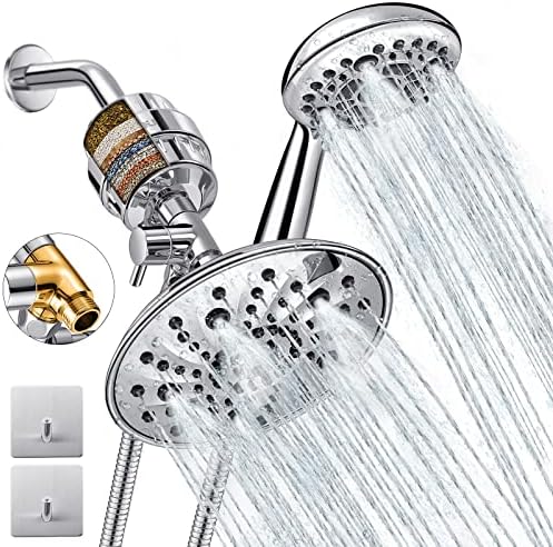 Dual Filtered Shower Head Showerhead with Handheld Sprayer Filter Combo, Luxau Filtration Rain Rainfall, 20 Stage Water Filter for Chlorine Well Water Hair Dry Skin, Metal Diverter, Hose, Chrome (S40)