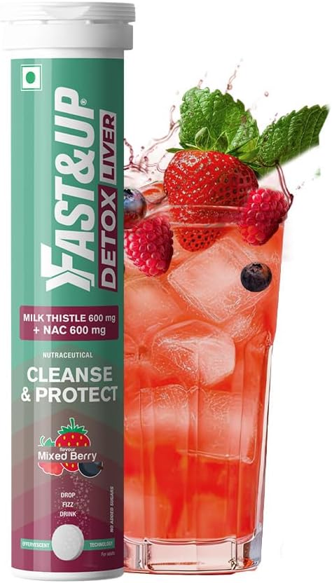 Fast&Up Liver Detox - Daily Liver Cleanser Drink | Milk Thistle + NAC | Helps Improve Digestion & Reduces Load on Liver - 20 Tablets - Mixed Berry Flavour