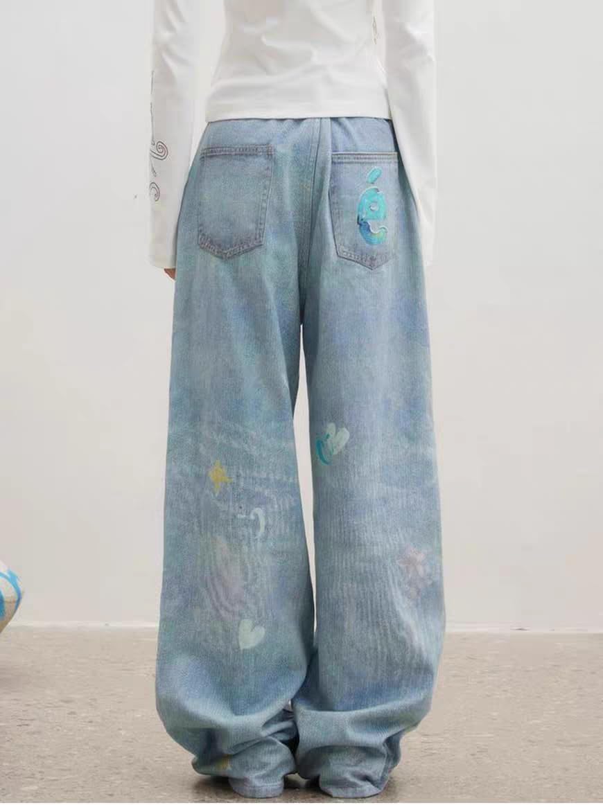 Unisex Y2k Hand Drawn Dalmatian Rhinestone Print Jeans Graffiti Streetwear Grunge Distressed Ripped Baggy Denim Pants