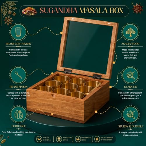 Image of Sugandha Acacia Wood & Brass Masala Box with 9 Brass Containers | 150ml Brass Spice Bowls | Handcrafted Wooden Masala Box Organizer | Kitchen Spice Storage Box | 8.75 x 8 x 4 Inches