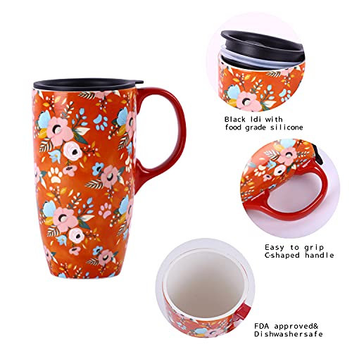 Topadorn Coffee Ceramic Mug Porcelain Latte Tea Cup With Lid 17Oz. Orange Coffee Cup #TOP4