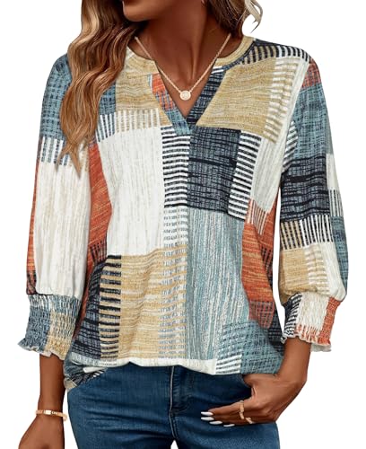 3/4 Length Sleeve Womens Tops Business Casual Blouses V Neck T Shirts with Puff Sleeve, Yellow Blue, XL