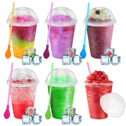 Ninehaoou Wiederverwendbare Glitzer-Kunststoffbecher mit Kuppeldeckel, abnehmbarer Löffel, Strohhalme, wiederverwendbar, für Slushy Smoothie, Halloween, Weihnachten, Erntedankfest, Partyzubehör, 6