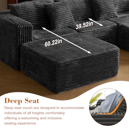 Image of 110 Corduroy Modular Sectional Boneless Sofa with 2 Ottomans, Convertible Cloud Couch with Deep Seats, Fluffy Memory Foam U Shaped Couch for Living Room, No Assembly Required (Black)