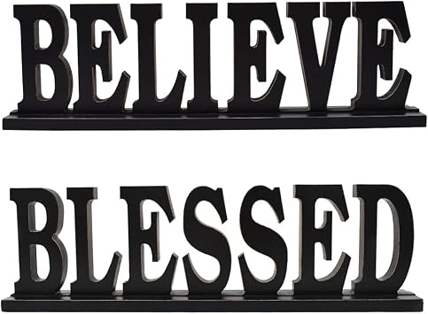 Linfevisi Black Wood Believe Blessed Sign Standing Block Letters Sign Rustic Freestanding Wood Word Decor Decorative Believe Blessed Table Sign Cutout Word Art Believe Blessed Shelf Decor Black Believe Blessed Sign