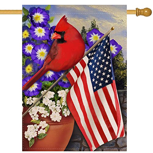 Covido Patriotic American House Flag, USA Memorial Day Garden Yard Red Bird Dogwood America Outside Decoration, Double Sided 28x40
