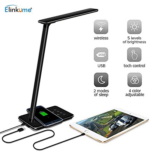 Preisvergleich Produktbild ELINKUME Qi Wireless Charging LED Schreibtischlampe, Multifunktional Augenschutz Lesetischlampe mit 4-Farben einstellbar, 5-Level Touch Dimmer, Timer Abschaltung, USB Ladeanschluss - Schwarz