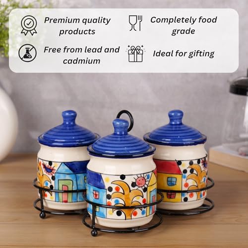 Image of Niyara Handcrafted Ceramic Pickle Jar Set, Premium Metal Tray & Lids - Multipurpose Storage for Pickles, Chutneys, Spices & Condiments (Set of 3, 300 ml with metal tray, home print)