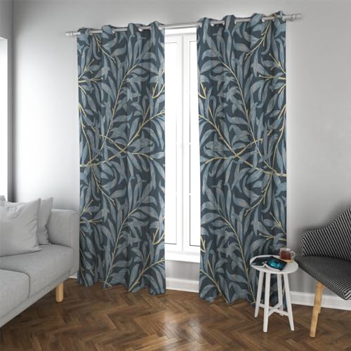 William Morris Botanical Blackout Curtains Retro Dark Blue Leaf Design Heat Reducing Window Treatments 2 Panels 66" W x 72" L Ideal for Home Decor & Room Separation