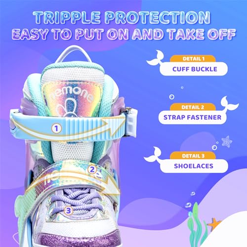 Image of NEMONE Mermaid 4 Size Adjustable Light up Roller Skates for Girls, Purple Blue Skates for Toddlers, Outdoor Beginner Kids Roller Skates Indoor - Size Small(10C-13C US)