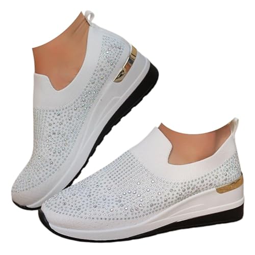 Women's Fashion Glitter Rhinestone Decor Platform Wedge Sneakers Breathable Mesh Sparkly Orthopedic Wedge for Women (white,24.5 