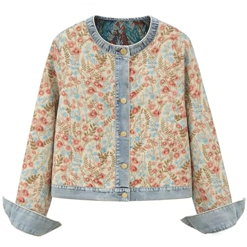 Rothstone Women's Denim Bomber Jacket Long Sleeve Round Neck Jacquard Jean Coat Vintage Coat Outerwear(Redfloral,S)