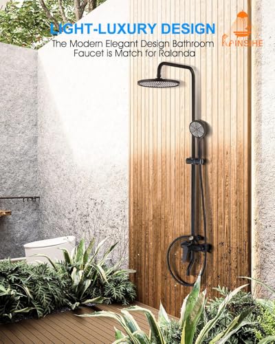 Kit de ducha exterior con sistema de ducha expuesto, válvula de latón con termómetro de dial, cabezal de ducha tipo lluvia de 10'' y combinación de ducha de mano - Negro para montaje en pared miniatura 5