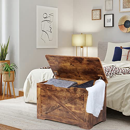 Timberer Storage Chest, Wooden Storage Bench, Entryway Shoes Bench With 2 Safety Hinges, Retro Storage Trunk For Living Room, Bedroom, 15.7 X 31.5 X 18.9 Inches, Rustic Brown #TOP1