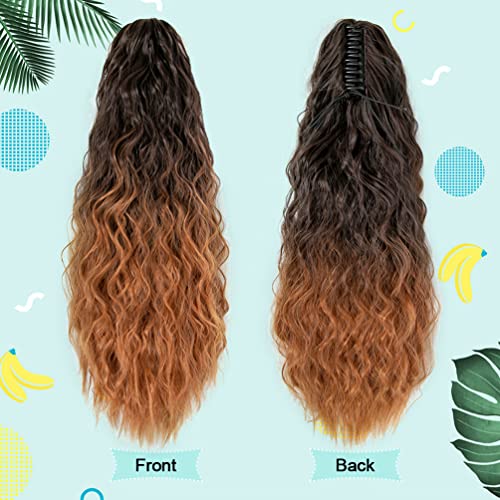 Wavy Ponytail Extension Claw Clip, 22 Inch Corn Wave Pony Tail Synthetic Brown Mixed Blonde Hair, Long Curly Jaw Ponytail Hair Extainson For Women Girls (Dark Brown Mixed Auburn) #TOP3