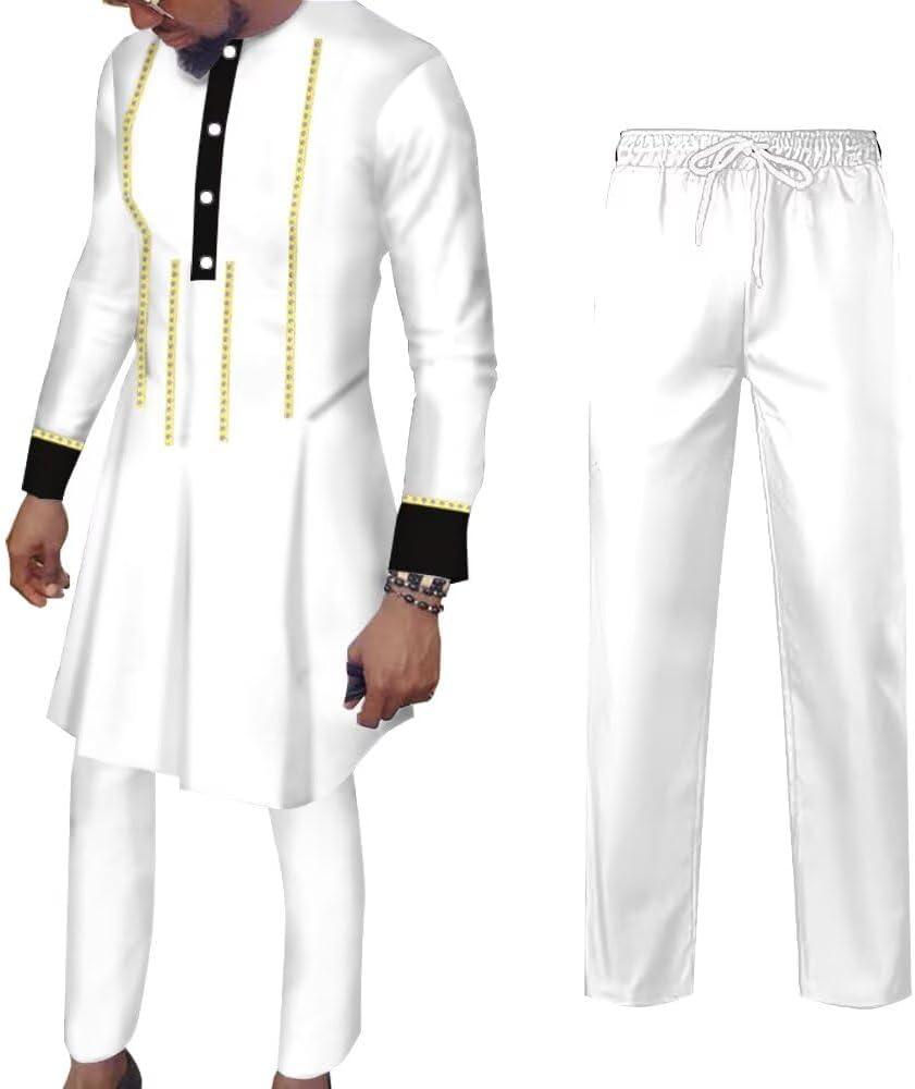 Dashiki Suits for Men - African Clothes Long Sleeve Top and Pants 2 Piece Sets Mens Outfits for Wedding