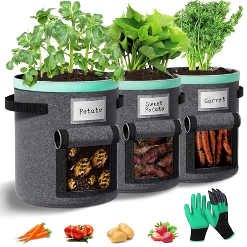 Sac Plantation Pomme de terre 38 litres Lot de 3 : Sacs de culture avec poignées et fenêtre sac de plantation de pommes de terre sac de culture potager de...
