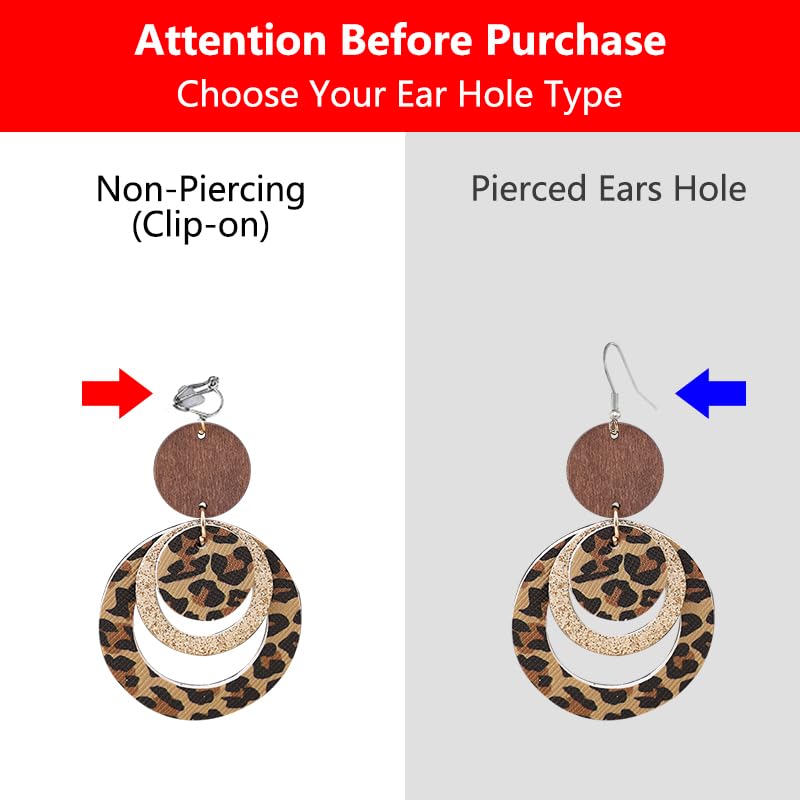 Vintage Dangle Earrings Clip on Earrings Women, 2 Options for Piercing Ears & Non-pierceing Ears, Bohemian Boho Earrings Geometric Wooden Jewelry African Earrings for Black Women2