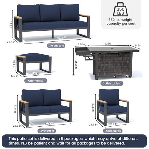 Image of Sundale Outdoor Aluminum Patio Furniture Set, 7 Piece Outdoor Conversation Sets with Fire Pit, Ottoman and Washable Thick Cushions, All Weather Outdoor Sectional Set for Deck, Lawn (Navy Blue)