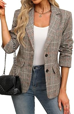 ELLEVEN Women's Brown Plaid Blazer Business Casual Work Jacket