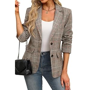 ELLEVEN Women’s Lapel Collar Plaid 2 Button Boyfriend Blazer Suit Houndstooth Work Office Blazer Jacket