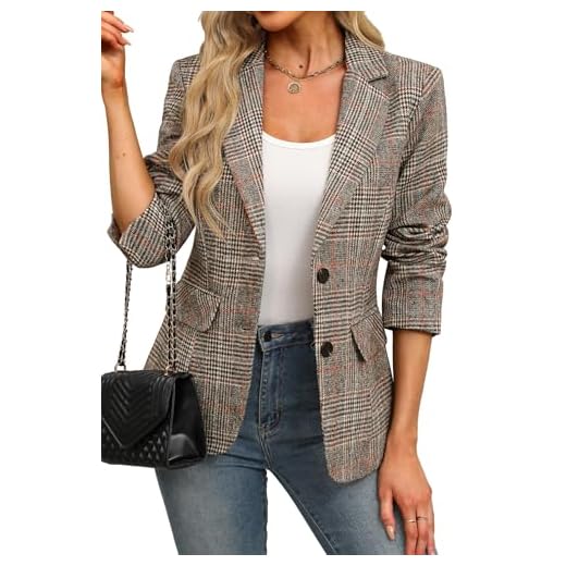 ELLEVEN Womens Casual Plaid Blazer Lapel Collar Double Button Long Sleeve Boyfriend Blazer Suit Houndstooth Plaid Blazer Jacket Business Work Office Blazer Suits Brown Plaid Large