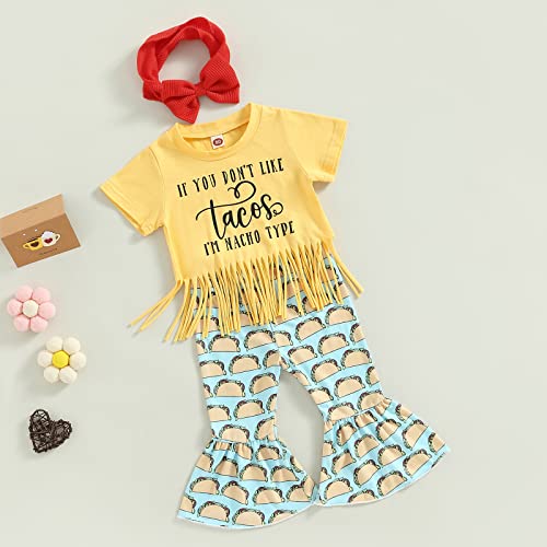 Toddler Baby Girl Summer Clothes Short Sleeve Tassel T-Shirt Top Bell Bottoms Pants Western Baby Girl Outfit Set2