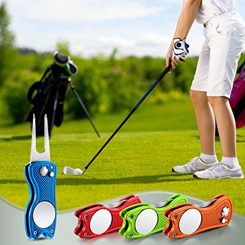 4 Pieces Golf Repair Tool Stainless Steel Foldable Golf Divot Tool Magnetic Golf Button Tool Golf Ball Marker (Red, Blue, Lime Green, Orange) #TOP6