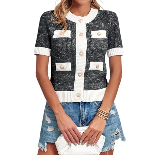 Women's Short Sleeve Knit Tops Contrast Color Pearl Button Round Neck Sweater Cardigans Top