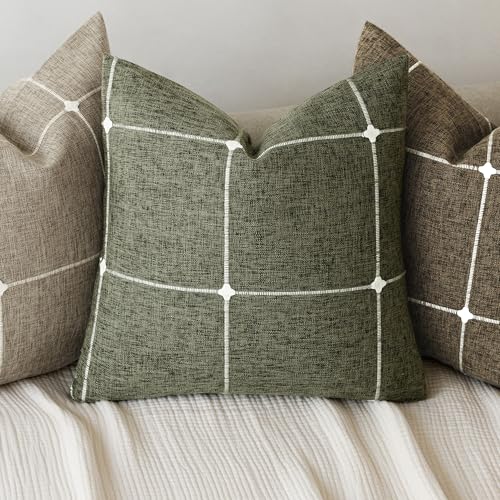 Image of Foindtower Pack of 2 Decorative Faux Linen Jacquard Check Throw Pillow Covers Farmhouse Cushion Cover with Grid Textured Accent Pillowcase for Couch Sofa Living Room Home Decor,18x18 Inch,Olive Green