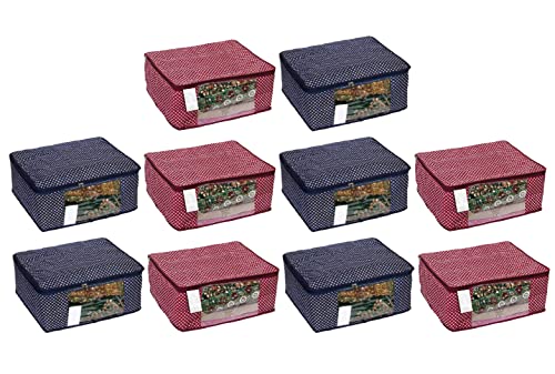 Image of Zip Bag|Foldable Wardrobe Clothe|Cotton Saree Cover Closet Orgnizer /Saree Bags for Wardrobe Orgnizer Clothe Covers |Saree Organizer|Saree Bag Wardrobe (Pack of 10, Maroon + Blue)