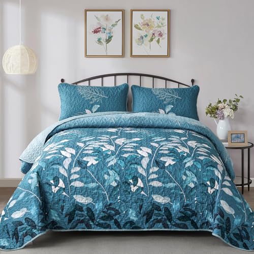 WONGS BEDDING Quilt Set King Size, 3 Pieces Teal Floral Botanical Leaves Bedspread Coverlet Set with 2 Pillowcases for All Season, Soft Microfiber Floral Bedding Set 104