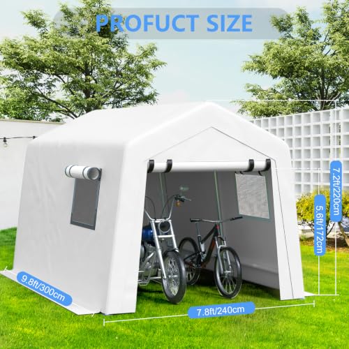 Image of Jocoevol 8x10 FT Enclosed Carport with Roll-up Windows, Removable Sidewalls & Doors and Wind Ropes for Bike Motorcycle, White